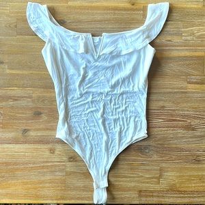 White Off-The-Shoulder Ruffle Bodysuit - size M